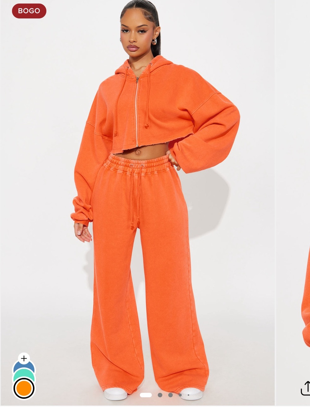 Cropped Hooded Sweatshirt and Wide-Leg Fleece Pant Set - Orange